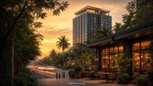 AI illustration of a Nagpur street at golden hour with a café and a modern hotel tower